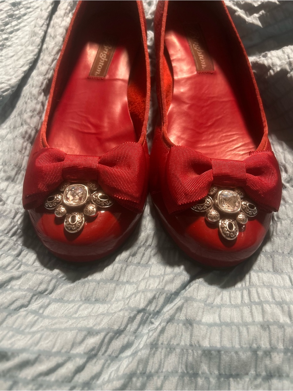Brighton Red Leather Ballet Flats with Bow and Crystal Accents